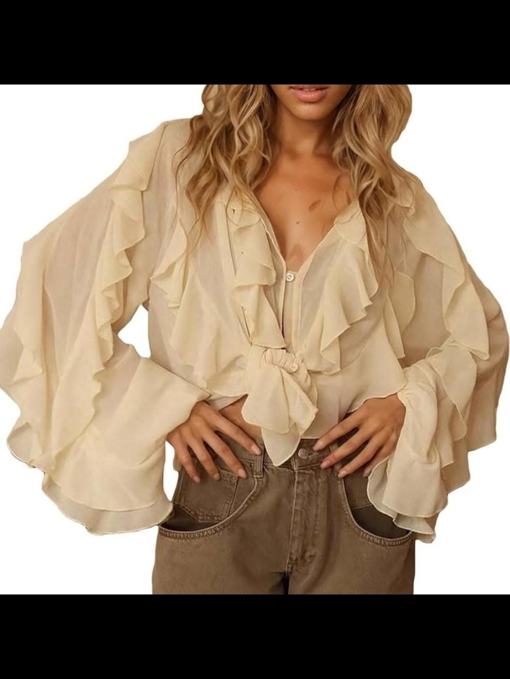 Ruffled Tie-Front Blouse - Cream